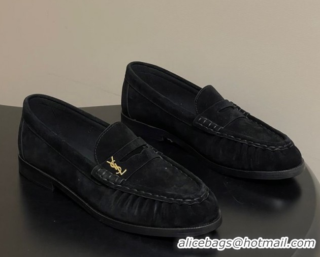 Purchase Saint Laurent Le Loafers Penny Slippers in Suede Black/Gold 1215010