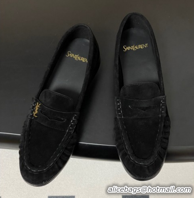 Purchase Saint Laurent Le Loafers Penny Slippers in Suede Black/Gold 1215010
