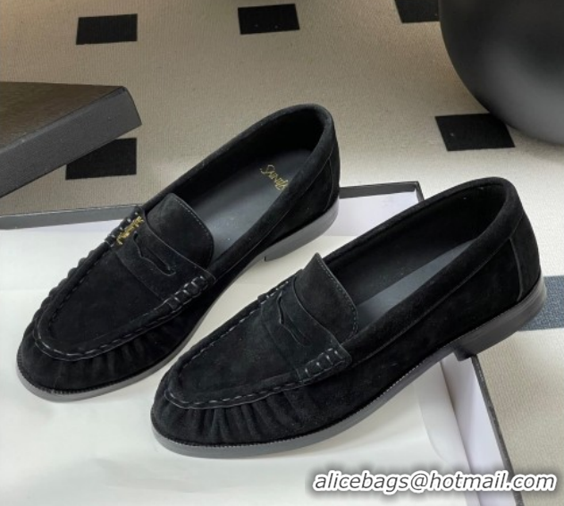 Purchase Saint Laurent Le Loafers Penny Slippers in Suede Black/Gold 1215010