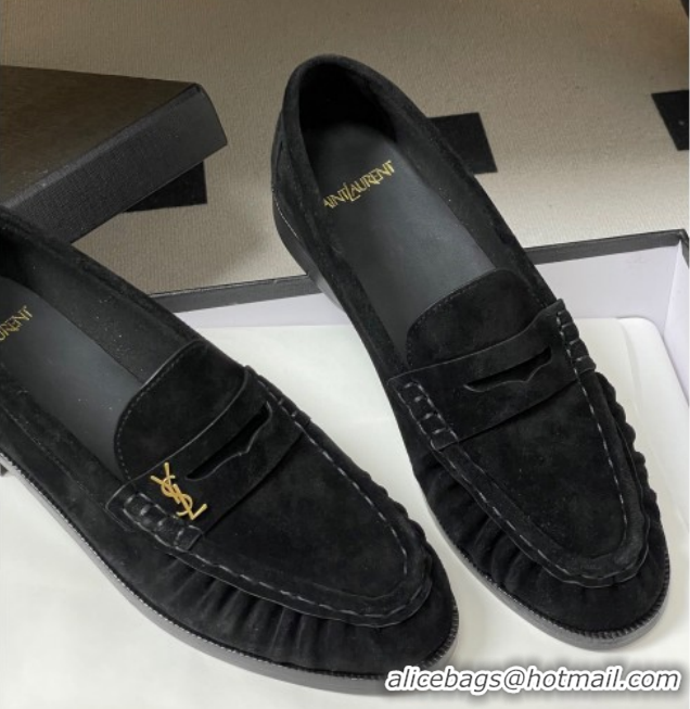 Purchase Saint Laurent Le Loafers Penny Slippers in Suede Black/Gold 1215010