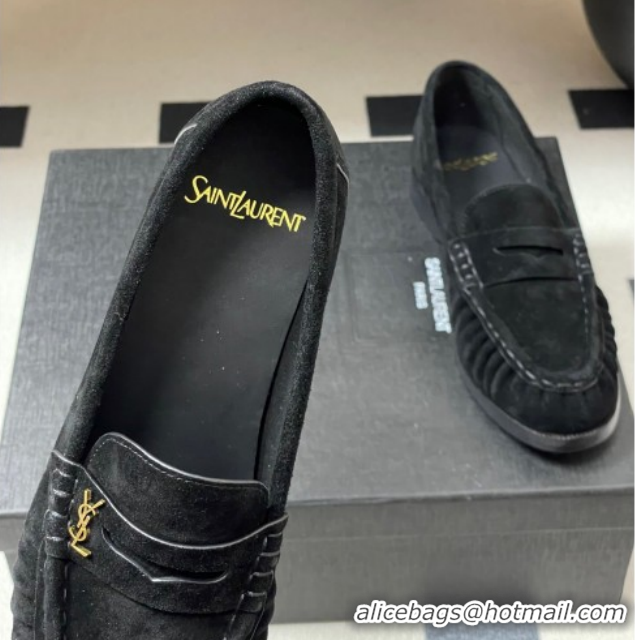 Purchase Saint Laurent Le Loafers Penny Slippers in Suede Black/Gold 1215010