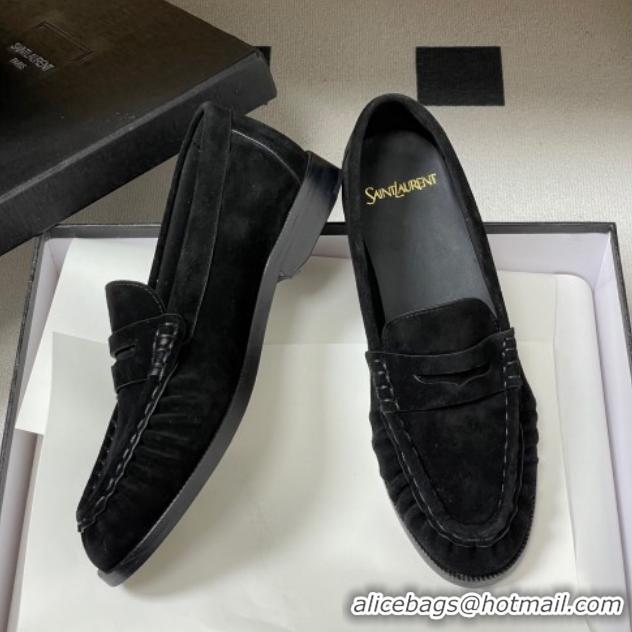 Purchase Saint Laurent Le Loafers Penny Slippers in Suede Black/Gold 1215010