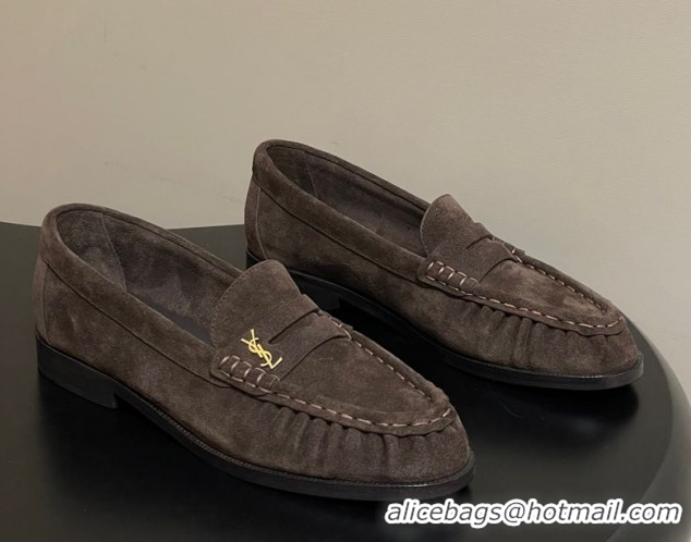 Good Product Saint Laurent Le Loafers Penny Slippers in Suede Deep Brown 1215011