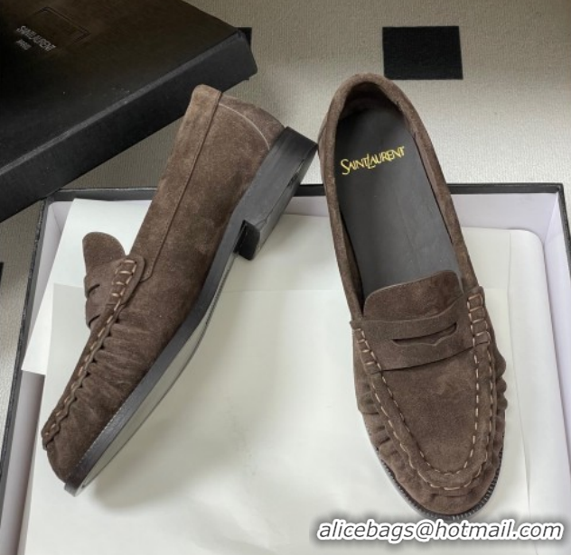 Good Product Saint Laurent Le Loafers Penny Slippers in Suede Deep Brown 1215011