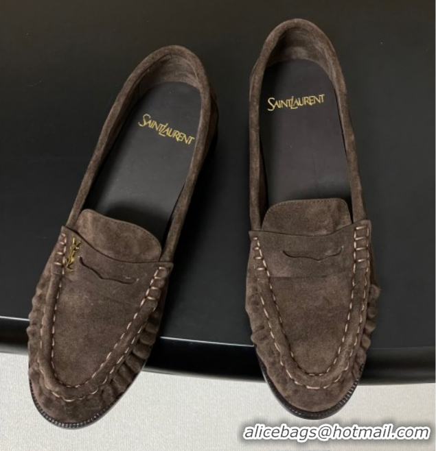 Good Product Saint Laurent Le Loafers Penny Slippers in Suede Deep Brown 1215011