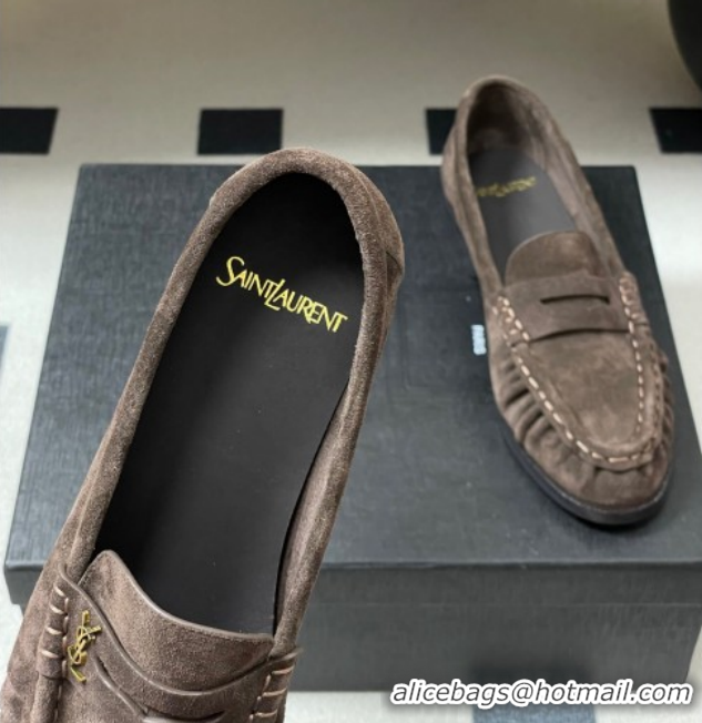 Good Product Saint Laurent Le Loafers Penny Slippers in Suede Deep Brown 1215011