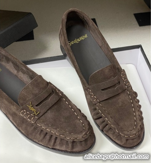 Good Product Saint Laurent Le Loafers Penny Slippers in Suede Deep Brown 1215011