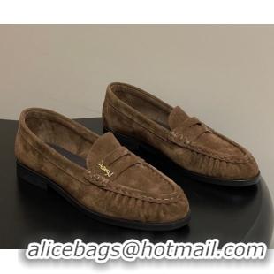Top Grade Saint Laurent Le Loafers Penny Slippers in Suede Dark Brown 1215012