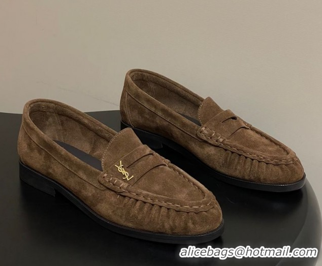 Top Grade Saint Laurent Le Loafers Penny Slippers in Suede Dark Brown 1215012