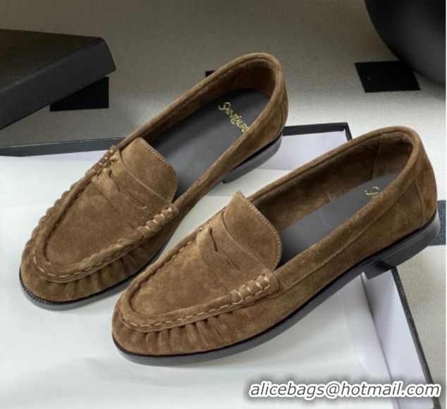 Top Grade Saint Laurent Le Loafers Penny Slippers in Suede Dark Brown 1215012