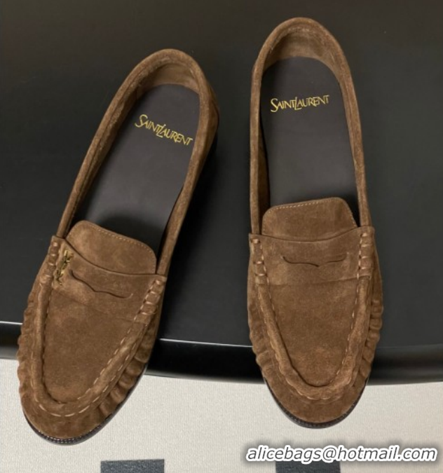 Top Grade Saint Laurent Le Loafers Penny Slippers in Suede Dark Brown 1215012