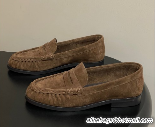 Top Grade Saint Laurent Le Loafers Penny Slippers in Suede Dark Brown 1215012