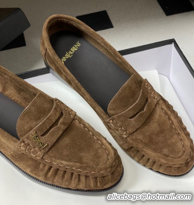 Top Grade Saint Laurent Le Loafers Penny Slippers in Suede Dark Brown 1215012