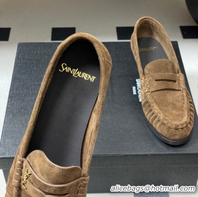 Top Grade Saint Laurent Le Loafers Penny Slippers in Suede Dark Brown 1215012