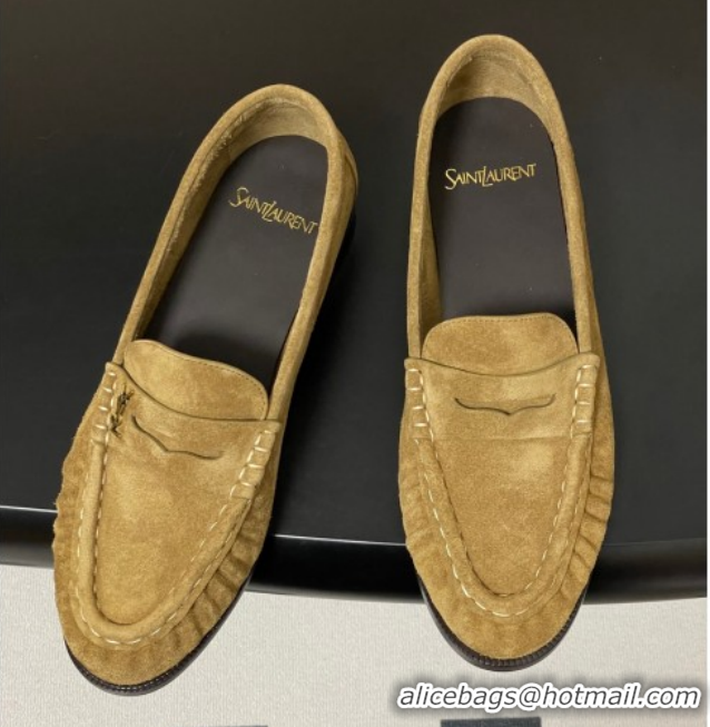 Most Popular Saint Laurent Le Loafers Penny Slippers in Suede Beige Yellow 1215013