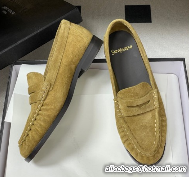 Most Popular Saint Laurent Le Loafers Penny Slippers in Suede Beige Yellow 1215013