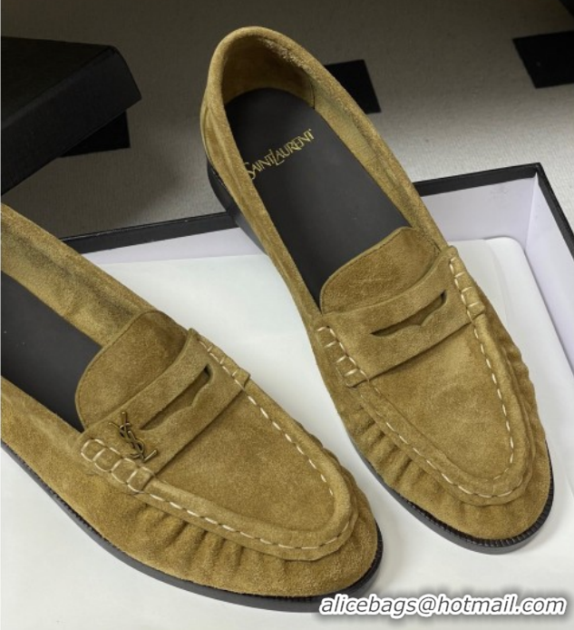 Most Popular Saint Laurent Le Loafers Penny Slippers in Suede Beige Yellow 1215013