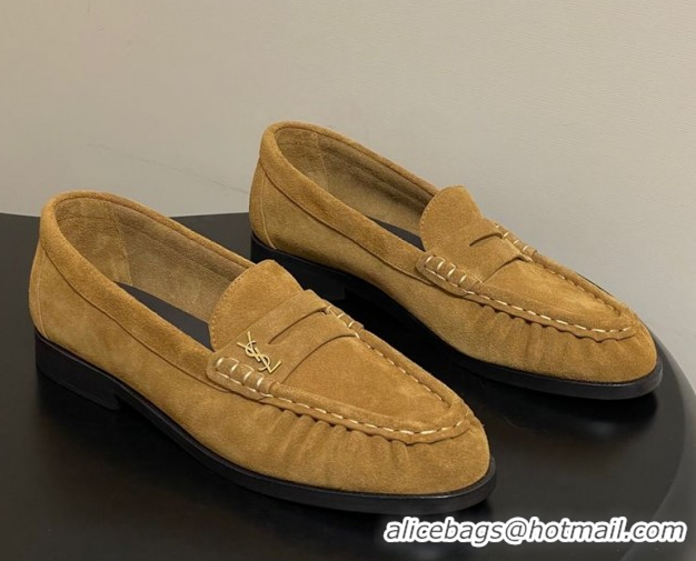 Luxurious Saint Laurent Le Loafers Penny Slippers in Suede Yellow 1215014