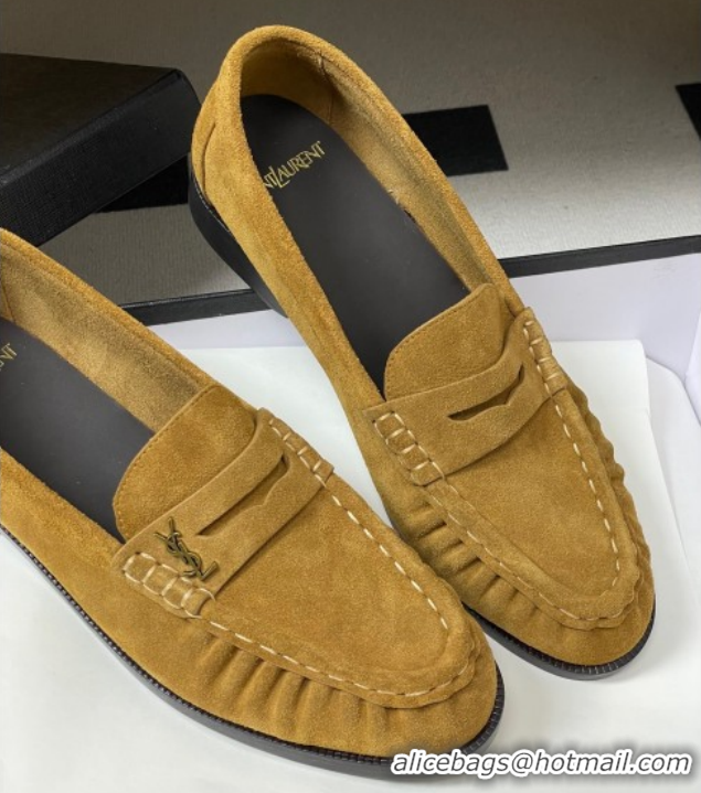 Luxurious Saint Laurent Le Loafers Penny Slippers in Suede Yellow 1215014