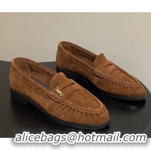 Best Price Saint Laurent Le Loafers Penny Slippers in Suede Brown 1215015