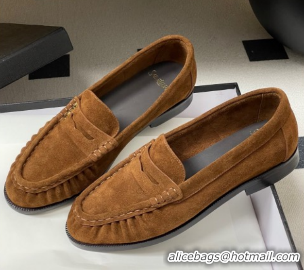 Best Price Saint Laurent Le Loafers Penny Slippers in Suede Brown 1215015