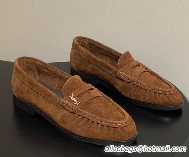 Best Price Saint Laurent Le Loafers Penny Slippers in Suede Brown 1215015