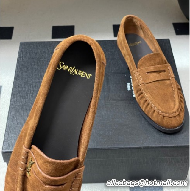 Best Price Saint Laurent Le Loafers Penny Slippers in Suede Brown 1215015