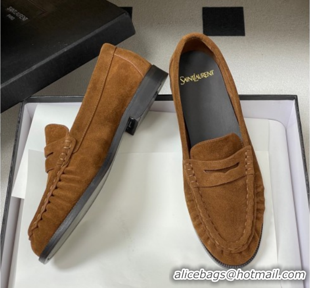 Best Price Saint Laurent Le Loafers Penny Slippers in Suede Brown 1215015