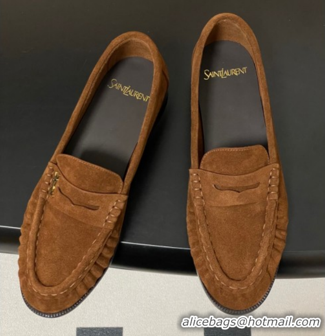 Best Price Saint Laurent Le Loafers Penny Slippers in Suede Brown 1215015