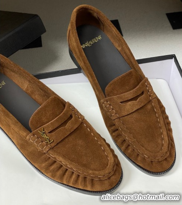 Best Price Saint Laurent Le Loafers Penny Slippers in Suede Brown 1215015