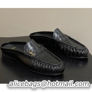 Good Quality Saint Laurent Le Loafer Mules in Eel Embossed Leather Black/Gold 1215016