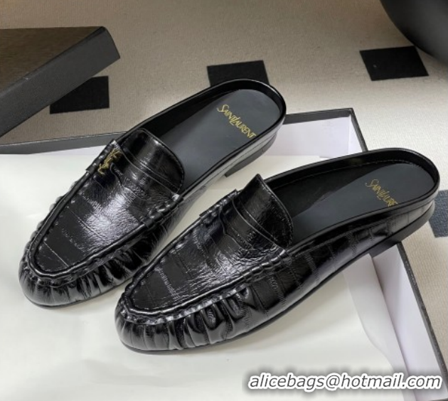 Good Quality Saint Laurent Le Loafer Mules in Eel Embossed Leather Black/Gold 1215016