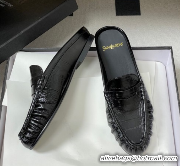 Good Quality Saint Laurent Le Loafer Mules in Eel Embossed Leather Black/Gold 1215016