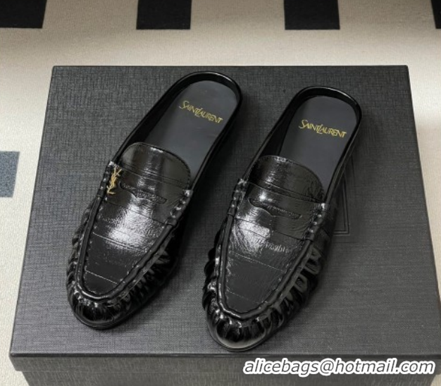 Good Quality Saint Laurent Le Loafer Mules in Eel Embossed Leather Black/Gold 1215016