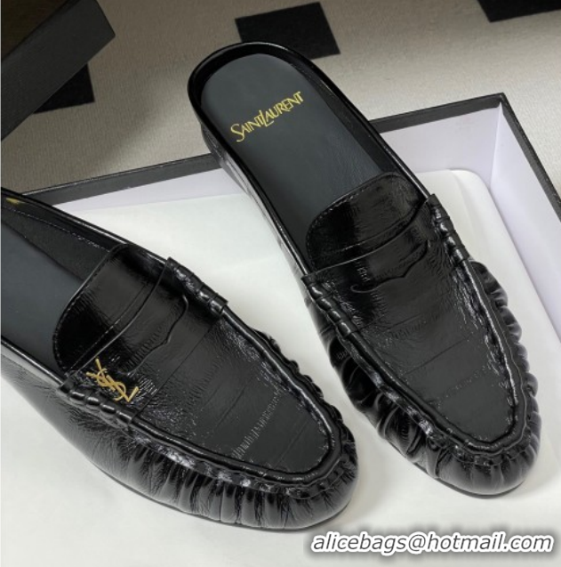 Good Quality Saint Laurent Le Loafer Mules in Eel Embossed Leather Black/Gold 1215016
