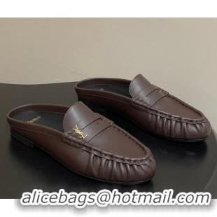 Good Quality Saint Laurent Le Loafer Mules in Calf Leather Chocolate Brown 1215018