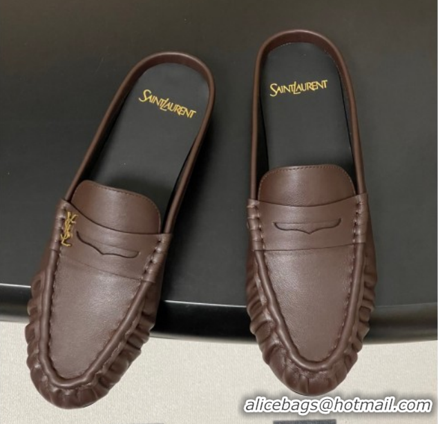 Good Quality Saint Laurent Le Loafer Mules in Calf Leather Chocolate Brown 1215018