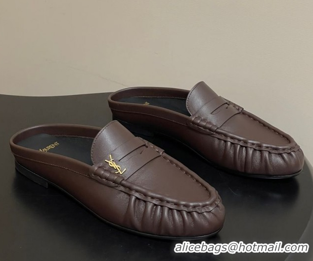 Good Quality Saint Laurent Le Loafer Mules in Calf Leather Chocolate Brown 1215018