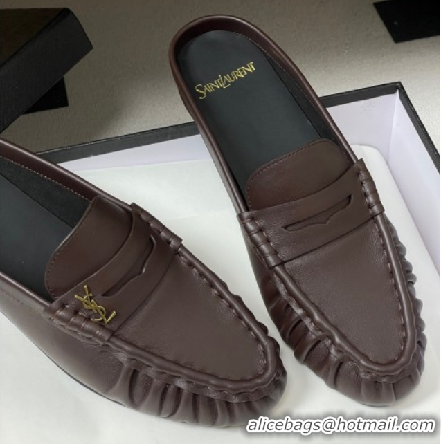 Good Quality Saint Laurent Le Loafer Mules in Calf Leather Chocolate Brown 1215018