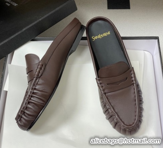Good Quality Saint Laurent Le Loafer Mules in Calf Leather Chocolate Brown 1215018