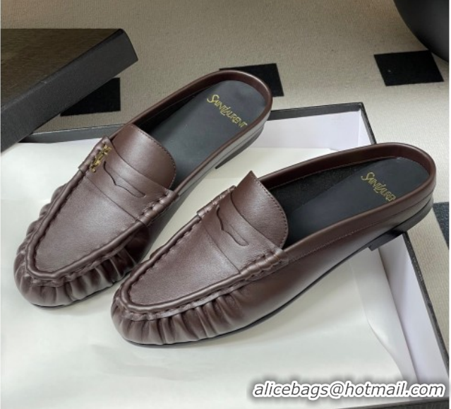 Good Quality Saint Laurent Le Loafer Mules in Calf Leather Chocolate Brown 1215018