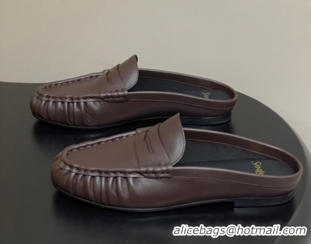 Good Quality Saint Laurent Le Loafer Mules in Calf Leather Chocolate Brown 1215018