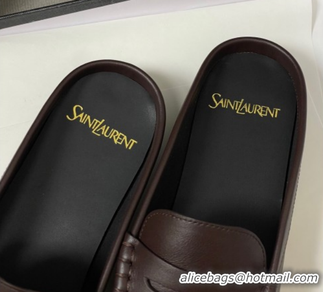Good Quality Saint Laurent Le Loafer Mules in Calf Leather Chocolate Brown 1215018