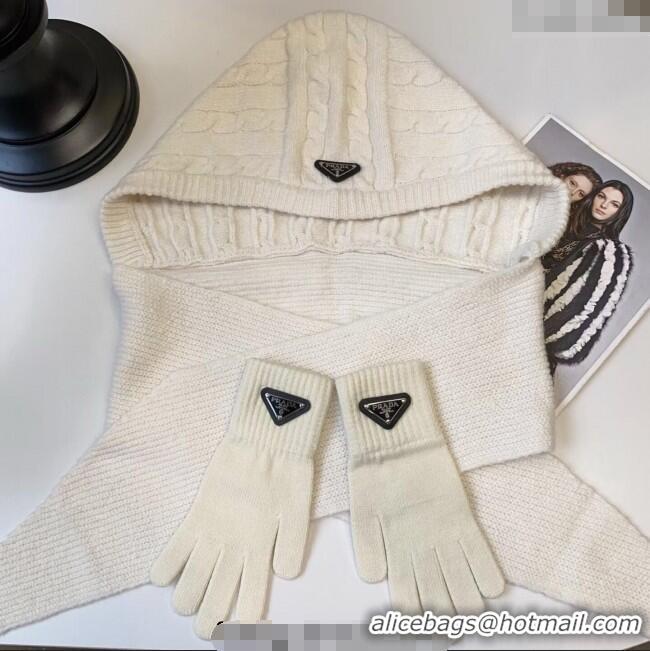 Famous Brand Prada Knit Scarf and Gloves Set PR010502 White 2026