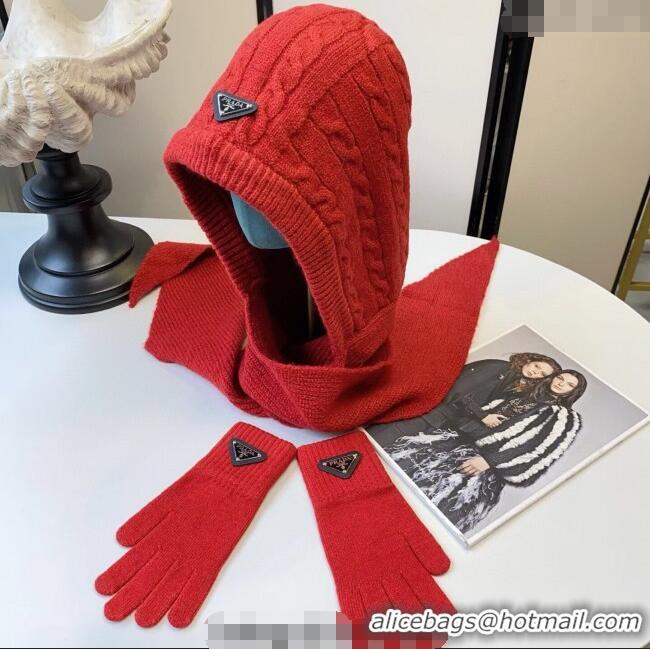 Big Discount Prada Knit Scarf and Gloves Set PR010502 Red 2026