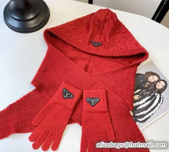 Big Discount Prada Knit Scarf and Gloves Set PR010502 Red 2026