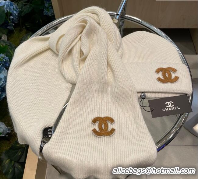 Unique Grade Chanel Knit Hat and Scarf Set CH010514 Beige 2026