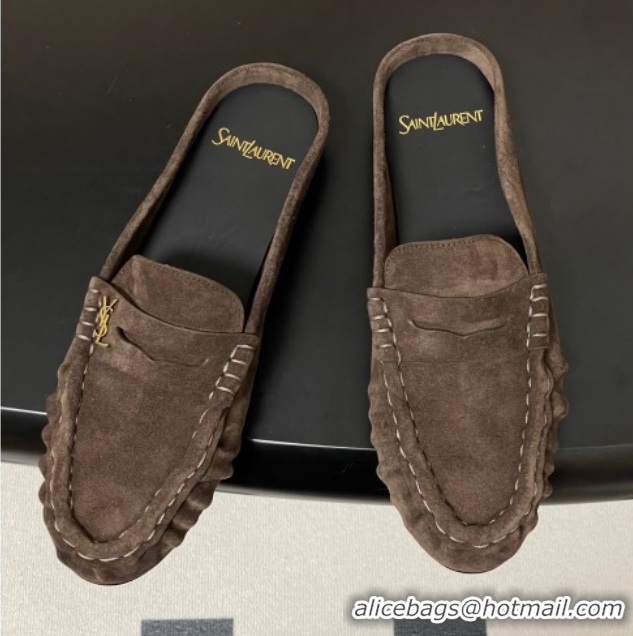 Unique Style Saint Laurent Le Loafer Mules in Suede Deep Brown 1215025