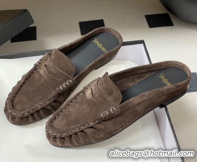 Unique Style Saint Laurent Le Loafer Mules in Suede Deep Brown 1215025