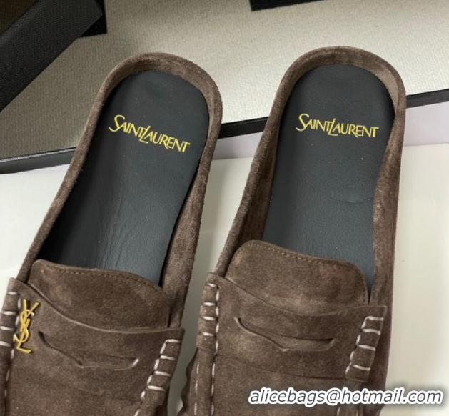 Unique Style Saint Laurent Le Loafer Mules in Suede Deep Brown 1215025